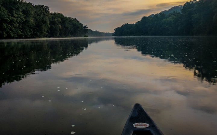 The very tip of a canoe is pictured in the foreground, floating on calm water, which reflects trees on the shore and a gray and yellow sky.